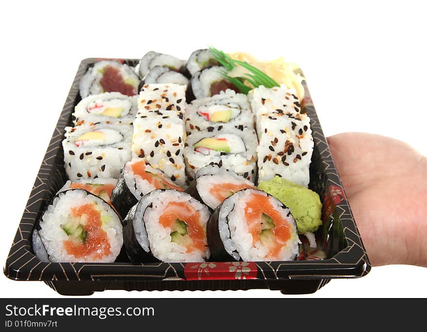 Sushi on tray, healthy Japan food isolated on white