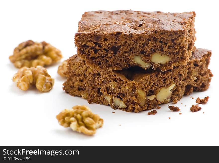 Hot chocolate brownie with walnuts and vanilla isolated