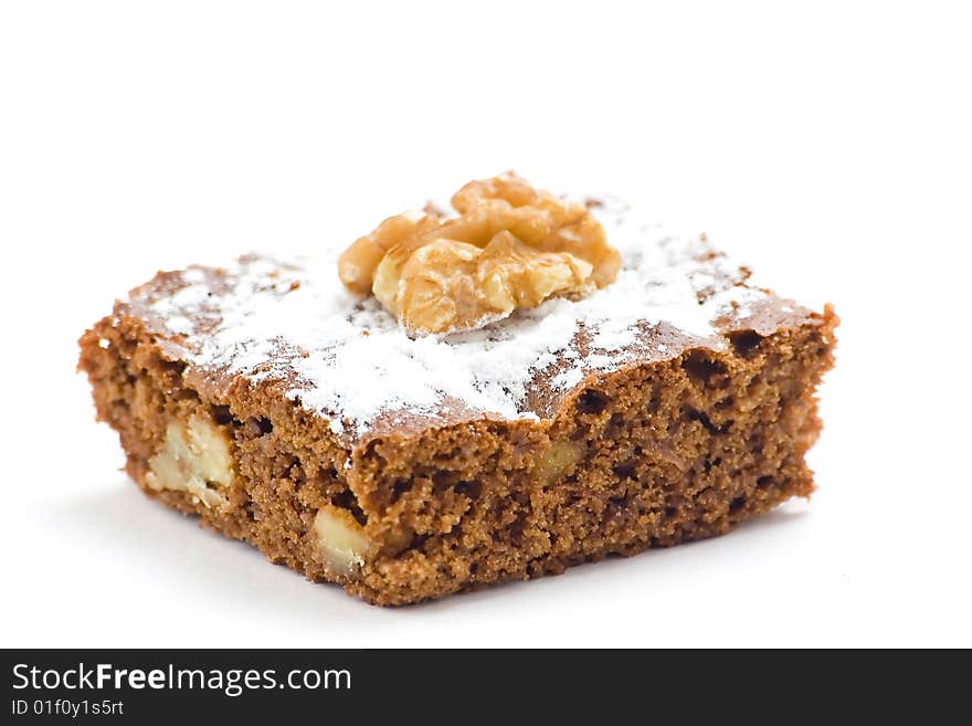 Hot chocolate brownie with walnuts and vanilla isolated