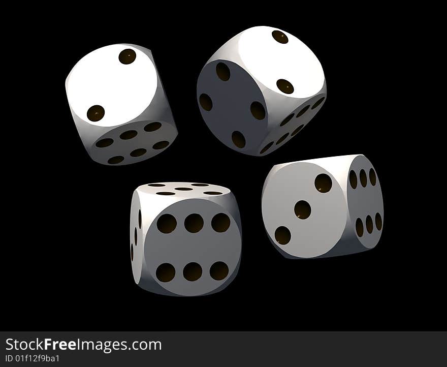 Isolated dices on black background - 3d render illustration. Isolated dices on black background - 3d render illustration