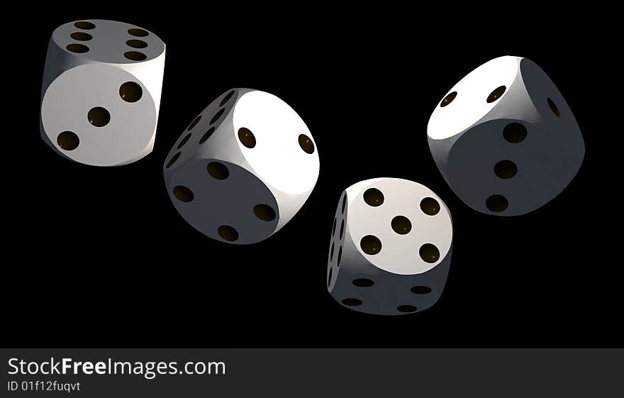 Isolated dices on black background - 3d render illustration. Isolated dices on black background - 3d render illustration