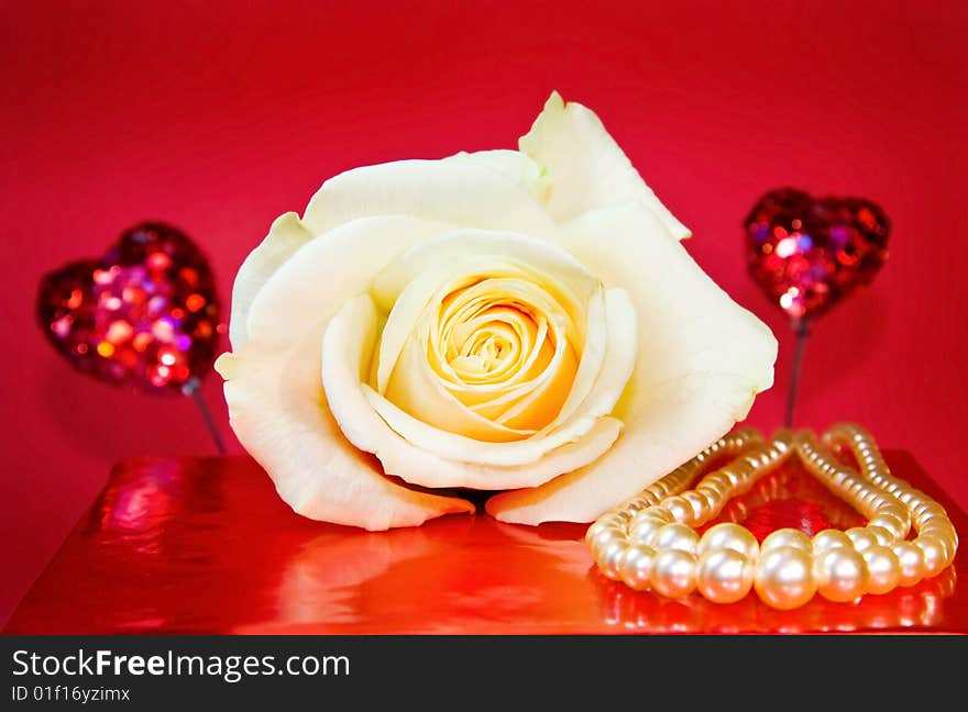 Passionate Love - White Rose And Pearls Over Red