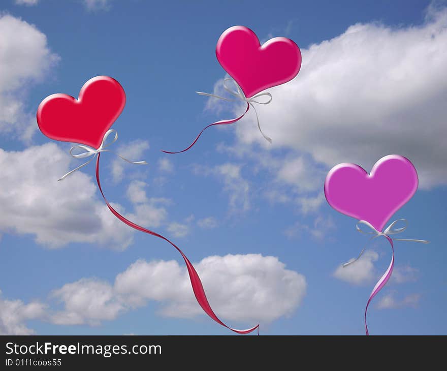 Valentine balloons floating in sky. Valentine balloons floating in sky.