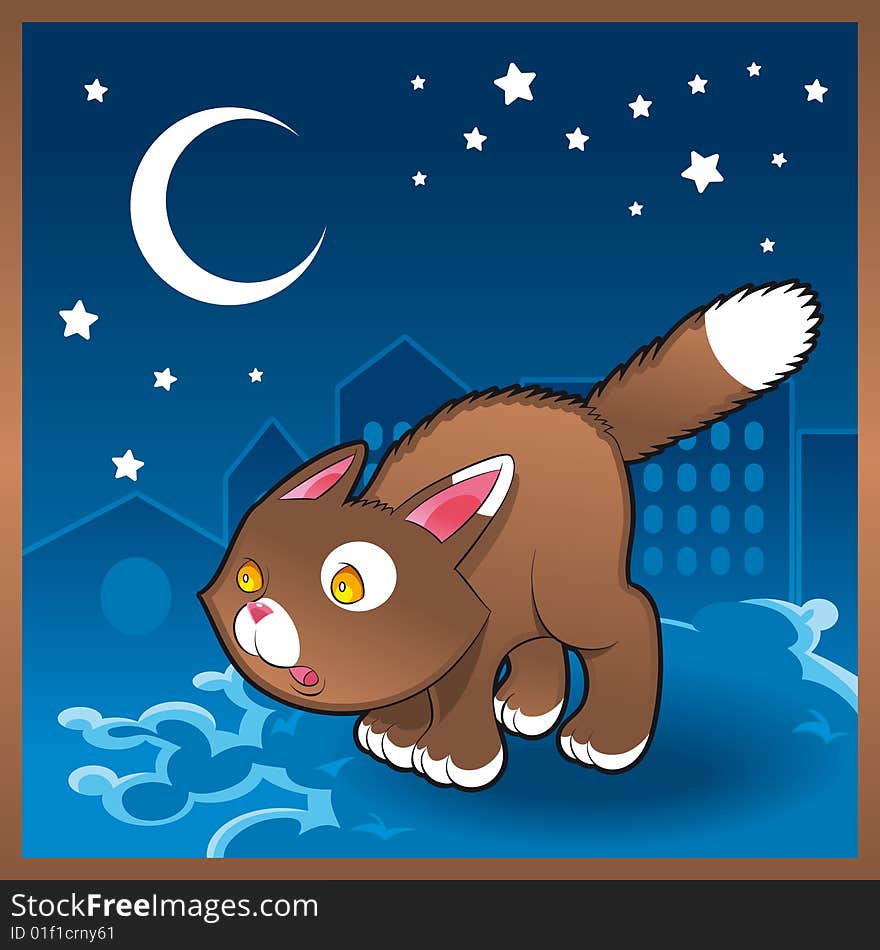 Baby cat in the night - vector illustration