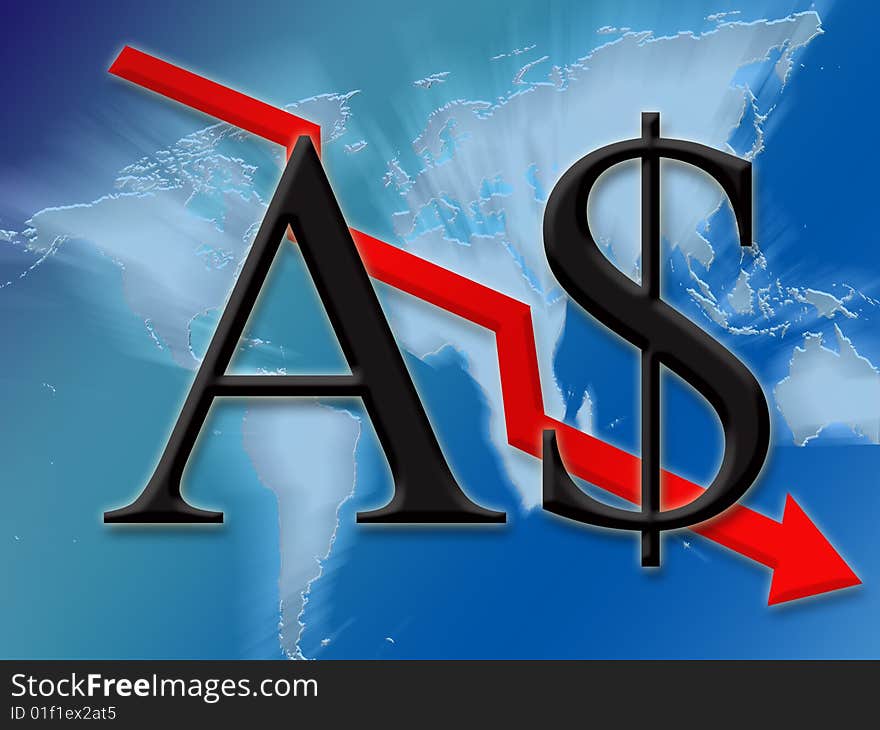 Australian dollar symbol finance going down globally background illustration. Australian dollar symbol finance going down globally background illustration