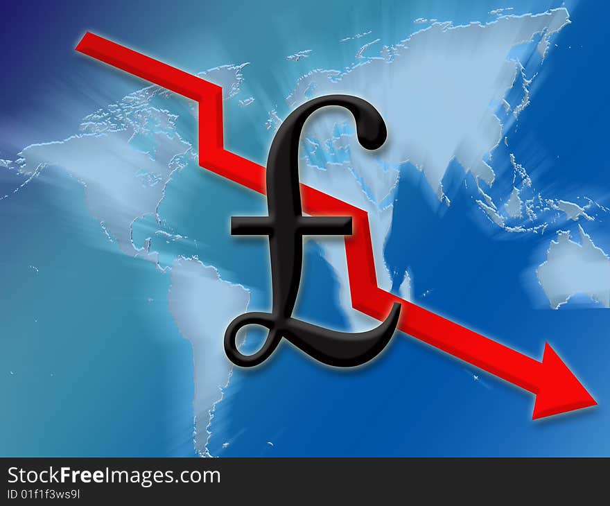 Pound symbol finance going down globally background illustration. Pound symbol finance going down globally background illustration