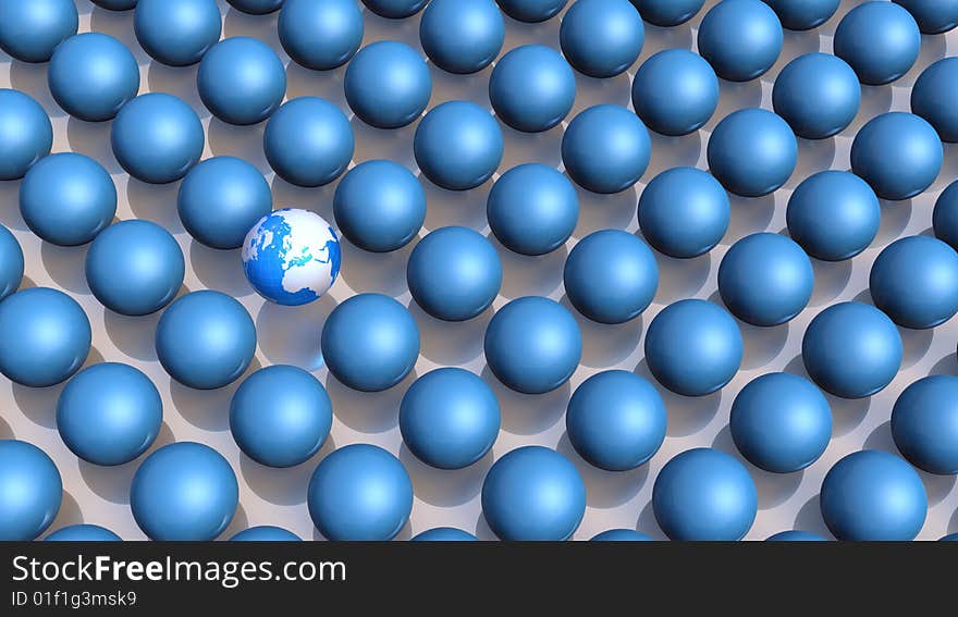 3D Rendered illustration of an earth globe among a crowd of blue, plain globes. 3D Rendered illustration of an earth globe among a crowd of blue, plain globes