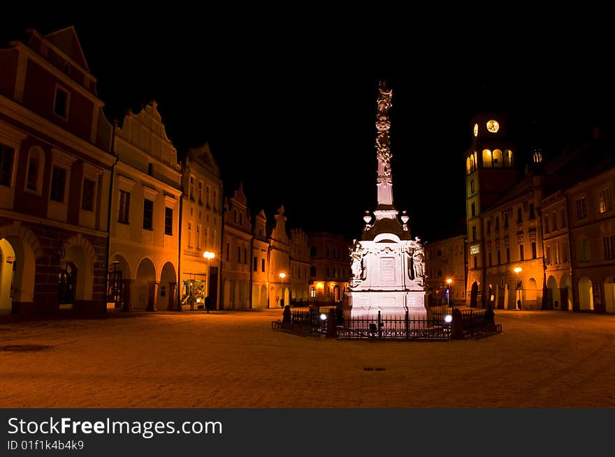 Picture of an old square in Trebon, Czech Republic, taken at night. Picture of an old square in Trebon, Czech Republic, taken at night