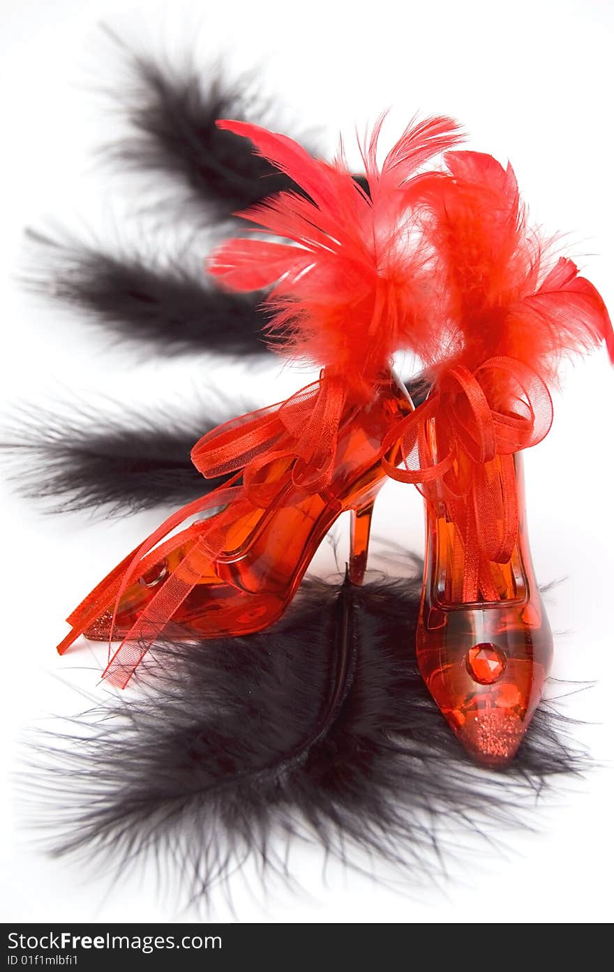 Two Red Crystal Slippers With Feathers