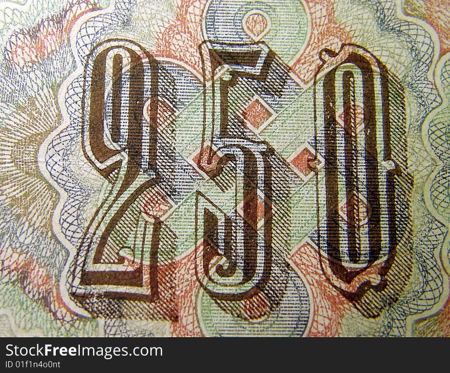 Fragment old banknote par value of two hundred and fifty