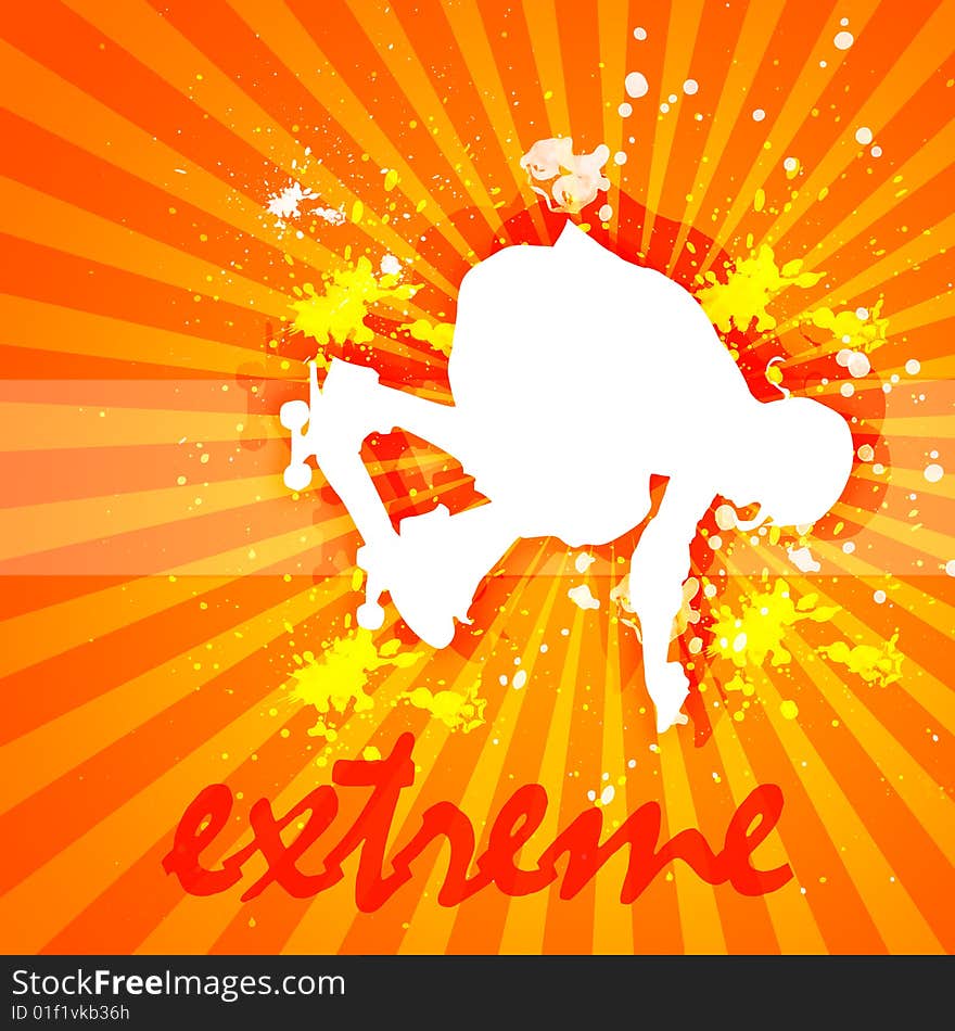 A Skater's Silhouette on a Sunburst Background. A Skater's Silhouette on a Sunburst Background