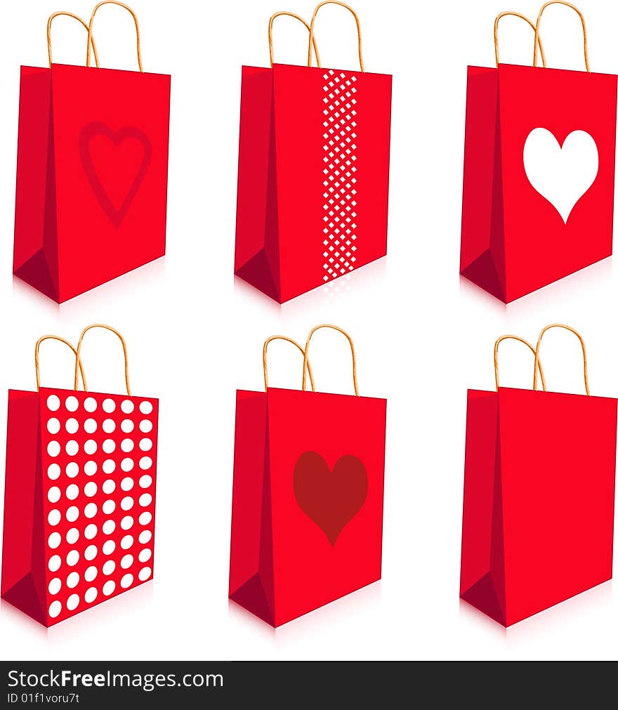 Empty paper shopping bags with handles. Valentine’s day design. Empty paper shopping bags with handles. Valentine’s day design