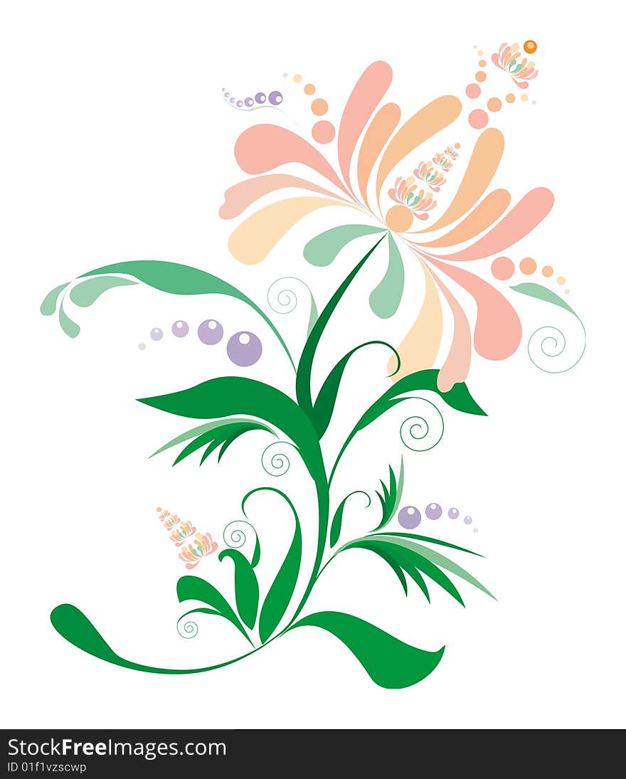 Stylization pink-orange flower with lilac berries