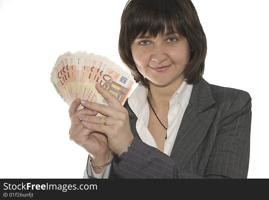 The young businesswoman hold the euro bank-notes in the hand