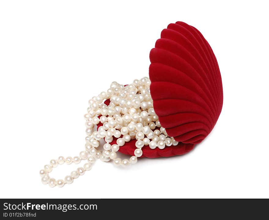 Pearl beads in red box isolated over white background