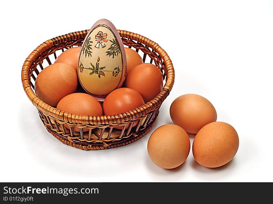 Easter egg in wooden basket. Easter egg in wooden basket