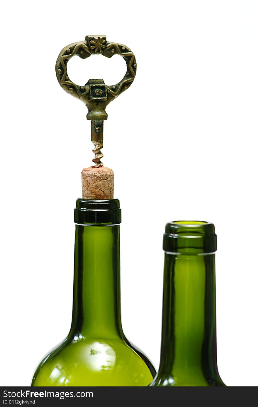 Corkscrew and two bottle on white. Corkscrew and two bottle on white