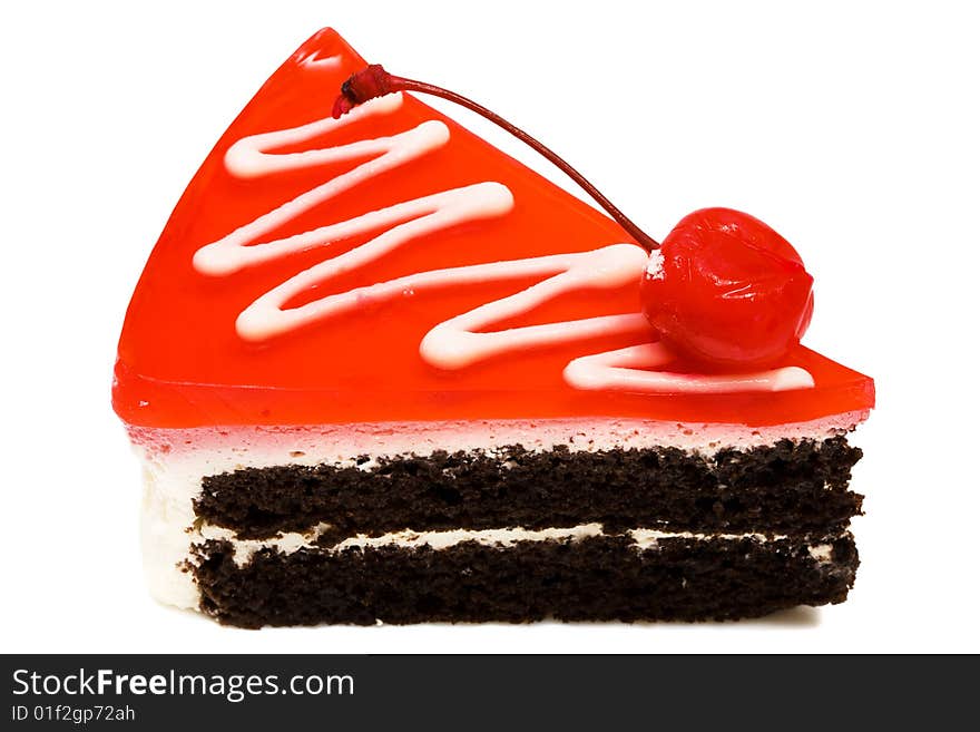 Chocolate pie with a cherry on a white background