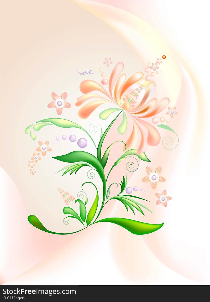 Stylization pink-orange flower with lilac berries on a tender background. Stylization pink-orange flower with lilac berries on a tender background