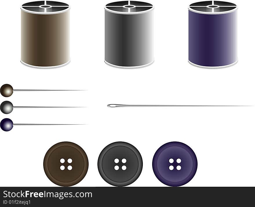 Vector illustration of a sewing kit for needlework or repairs including needle, pins, buttons and cotton on reels