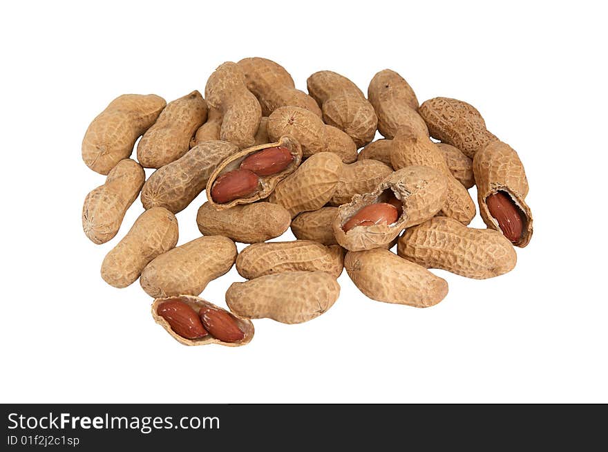 Heap of peanuts on a white background.