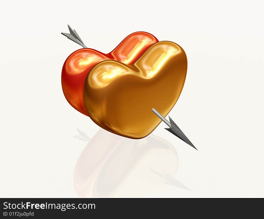 Two 3d hearts, red and golden, pierced together by arrow. Two 3d hearts, red and golden, pierced together by arrow