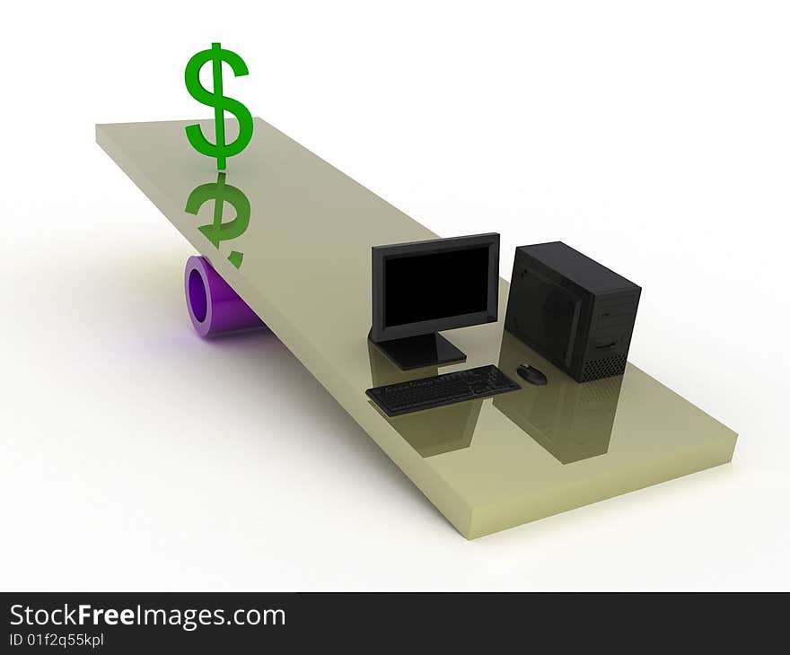 Black computer and dollar on a swing. Black computer and dollar on a swing.