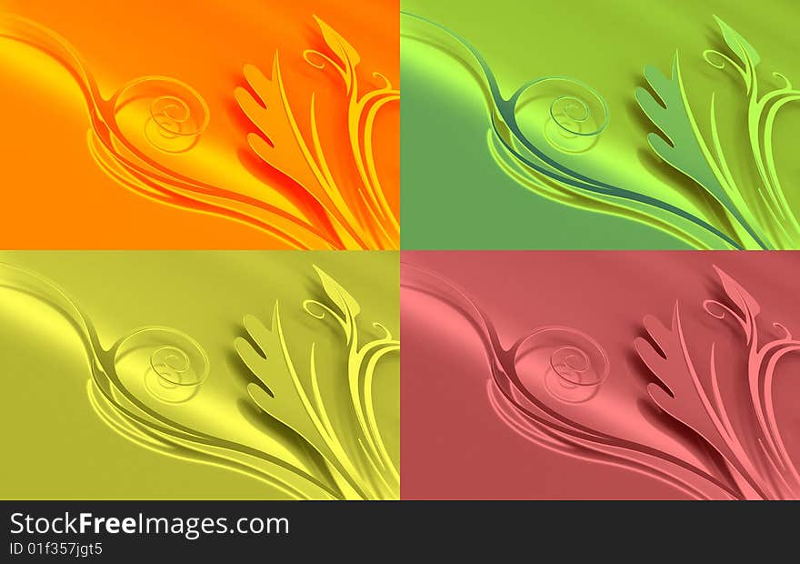 Four color pop-art like 3d floral background shapes. Four color pop-art like 3d floral background shapes.