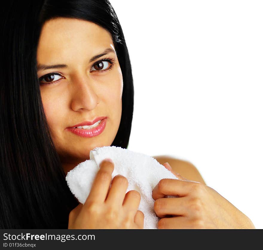 Close up of a spa woman hugging a white towel. Close up of a spa woman hugging a white towel.