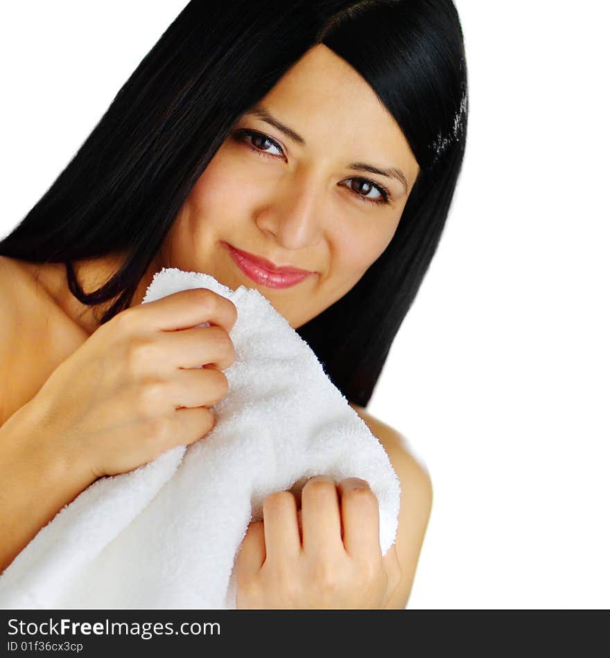 Close up of a spa woman hugging a white towel. Close up of a spa woman hugging a white towel.