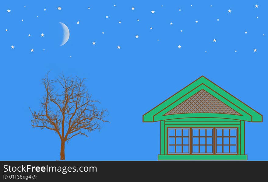 Illustration the moon over the house