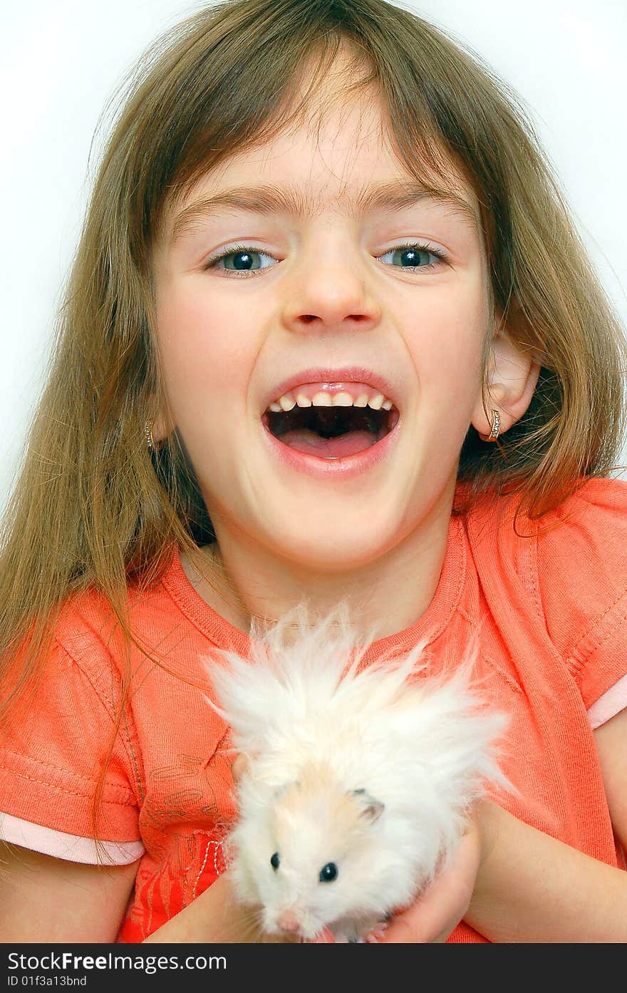 Child and hamster isolated on white background