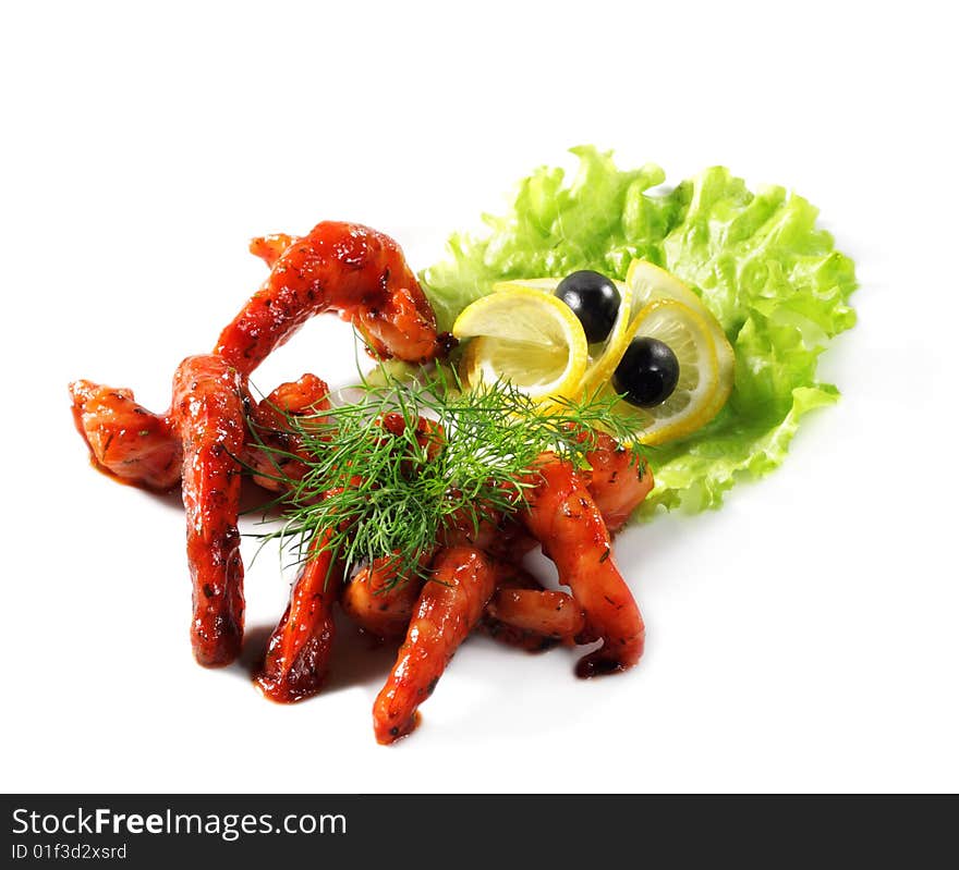 Seafood - Shrimps in Sauce Dressed with Salad Leaves, Dill, Lemon and Olives. Isolated on White Background. Seafood - Shrimps in Sauce Dressed with Salad Leaves, Dill, Lemon and Olives. Isolated on White Background