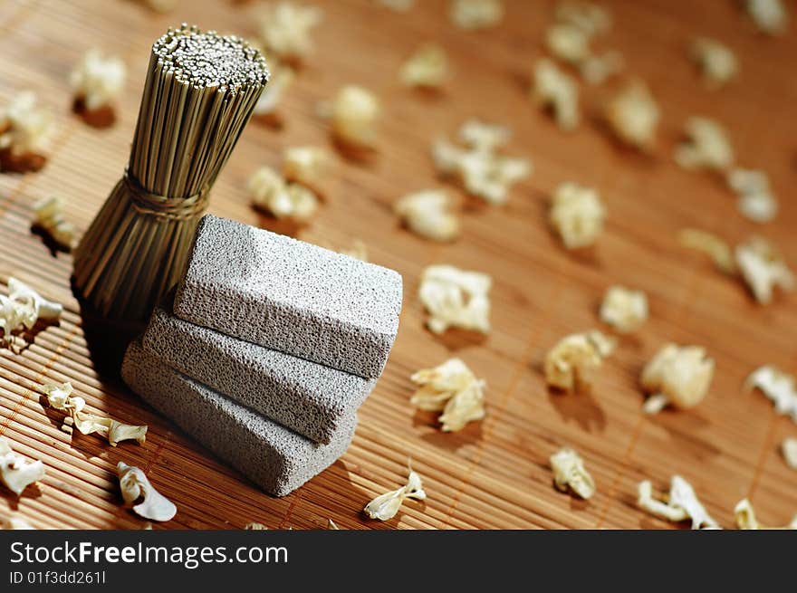 Pretty spa display  on a bamboo mat.