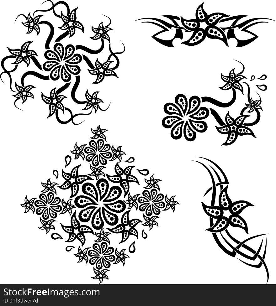 Set of 5 black and white floral ornaments designed for screenprinting. Set of 5 black and white floral ornaments designed for screenprinting