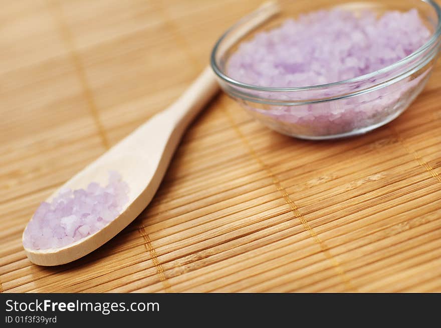 Bath salt on display against a bamboo mat. Bath salt on display against a bamboo mat.