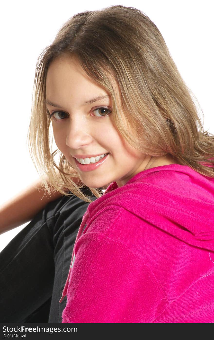 Laughing teenage girl on white background