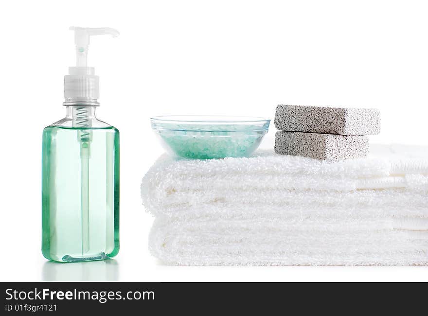 Bath products on display against a white background. Bath products on display against a white background.