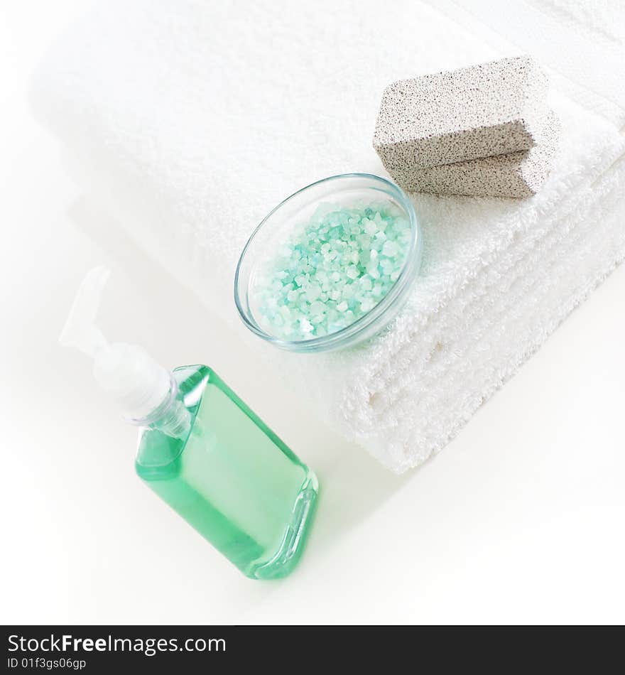 Bath products on display against a white background. Bath products on display against a white background.