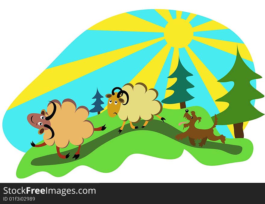 Vector illustration of sheep with sheepdog in the forest. Handmade of my sketch. All objects on separated layers. Vector illustration of sheep with sheepdog in the forest. Handmade of my sketch. All objects on separated layers.
