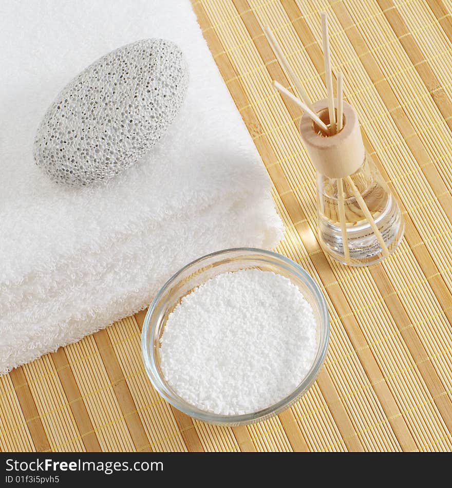 Bath products being displayed on a bamboo mat. Bath products being displayed on a bamboo mat.