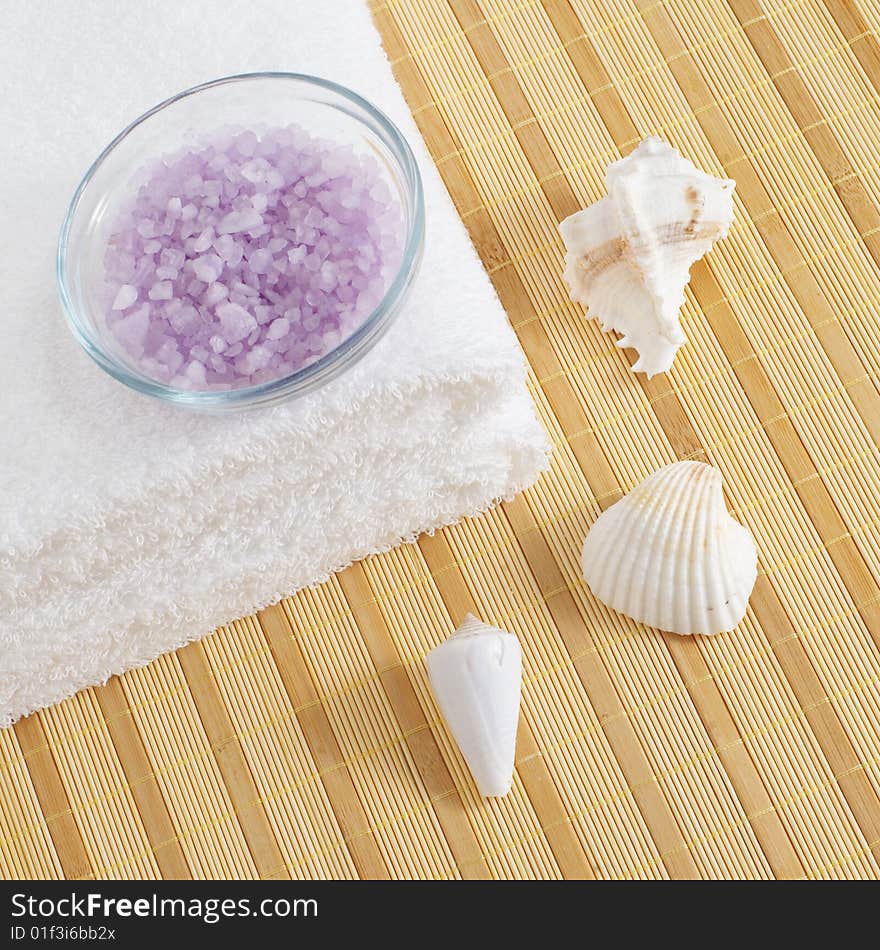 Bath products being displayed on a bamboo mat. Bath products being displayed on a bamboo mat.