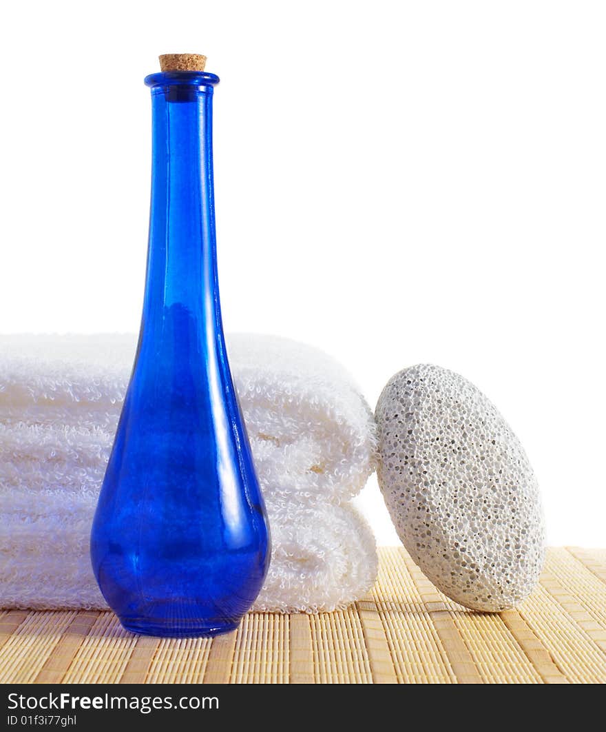 Bath products being displayed on a bamboo mat. Bath products being displayed on a bamboo mat.