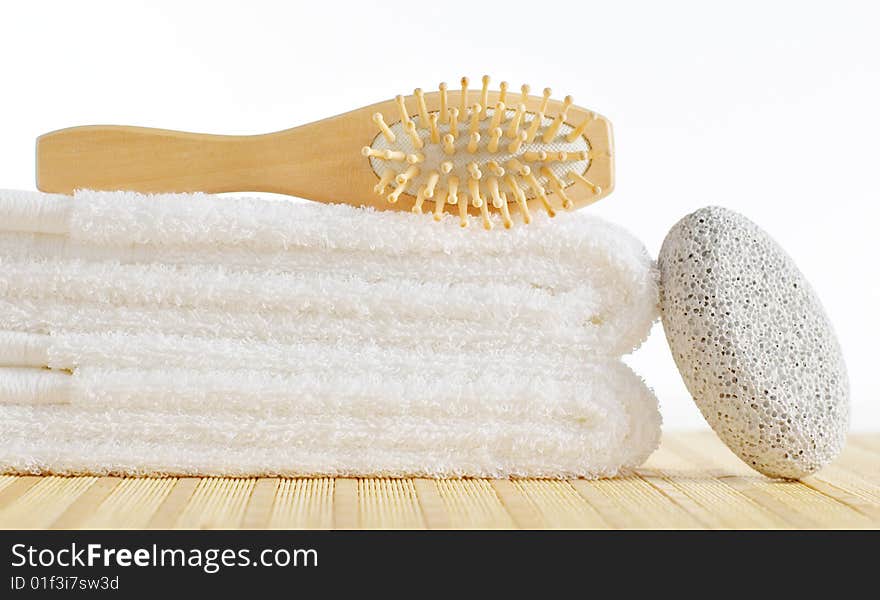 Bath products being displayed on a bamboo mat. Bath products being displayed on a bamboo mat.