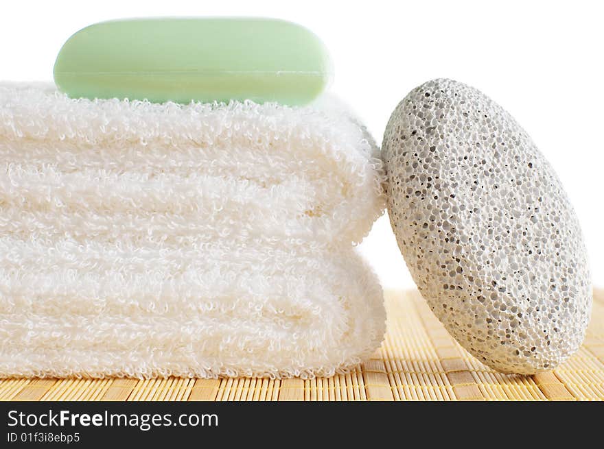 Bath products being displayed on a bamboo mat. Bath products being displayed on a bamboo mat.