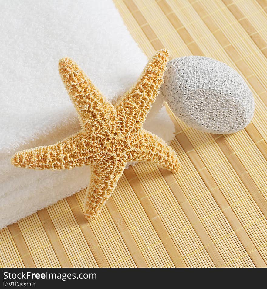 Bath products being displayed on a bamboo mat. Bath products being displayed on a bamboo mat.