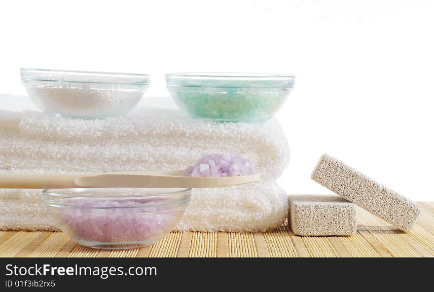 Bath products being displayed on a bamboo mat. Bath products being displayed on a bamboo mat.