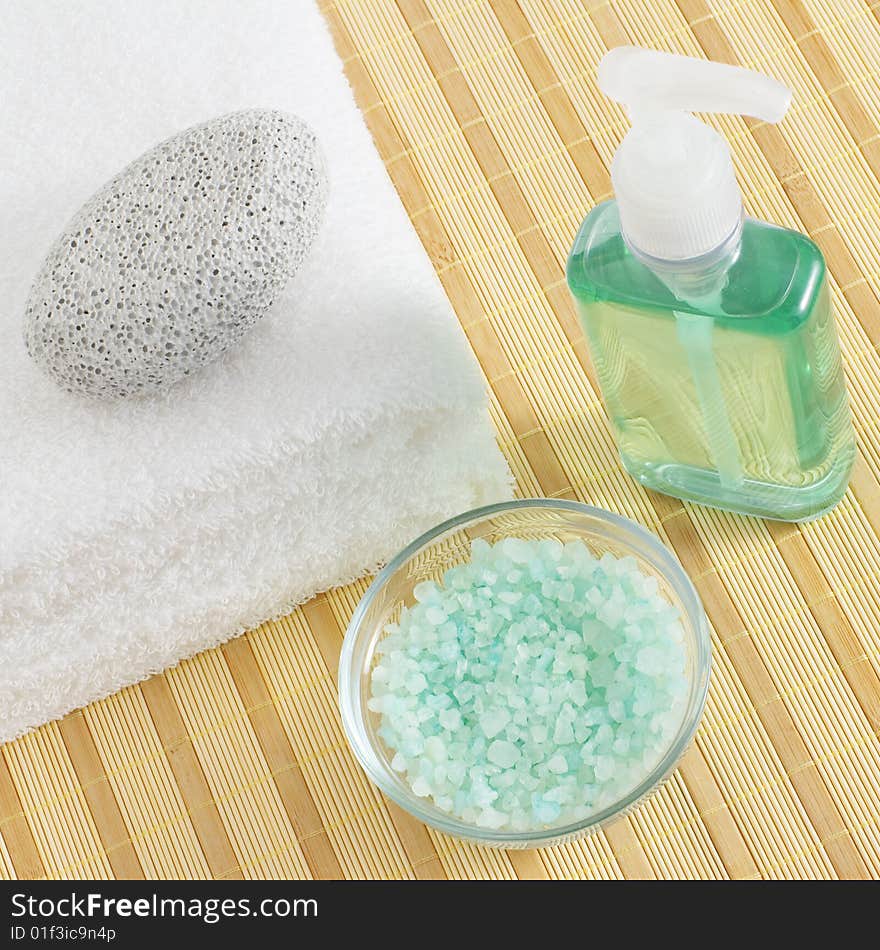 Bath products being displayed on a bamboo mat. Bath products being displayed on a bamboo mat.