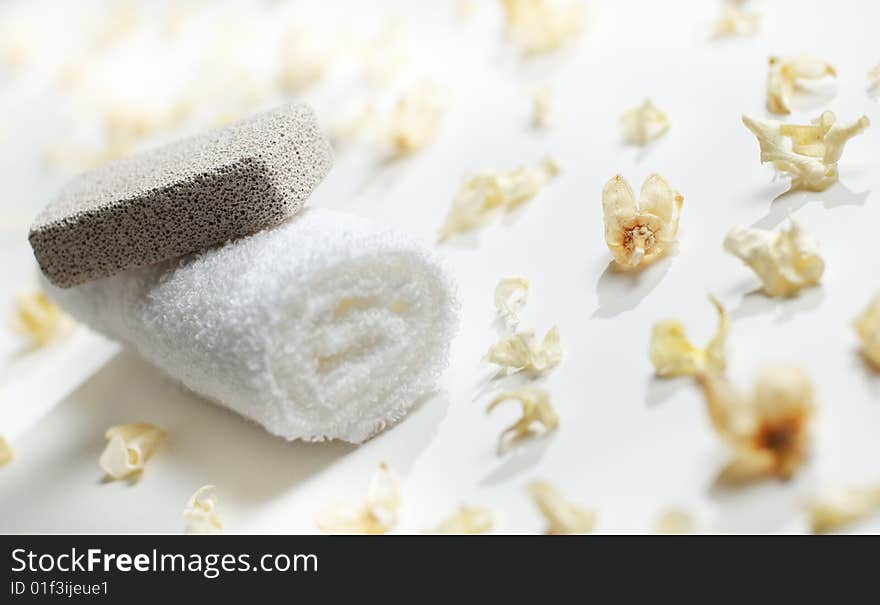 Brightly lit spa display on white background.