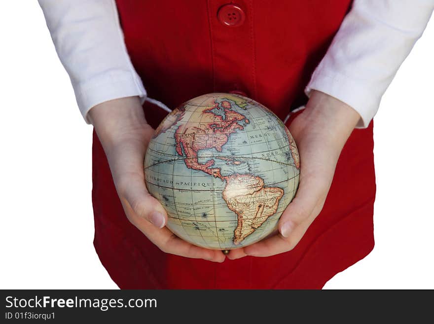 Young girl's hands holding a hold globe carefully. Young girl's hands holding a hold globe carefully